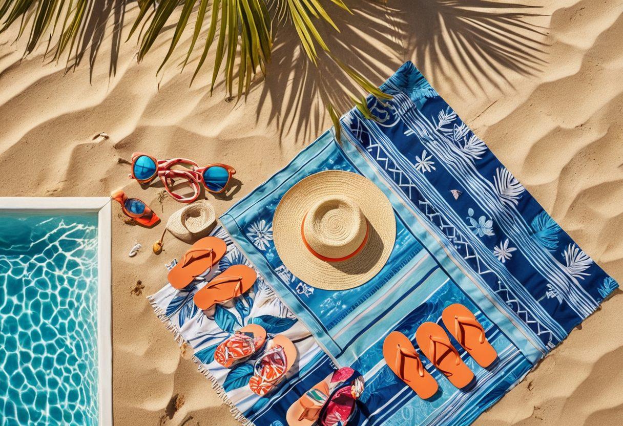 A stylish beach scene featuring an array of chic swim attire laid out on a colorful beach towel. Include palm trees swaying gently in the background, vibrant umbrellas, and beach accessories like sunglasses and flip-flops. Showcase swimwear designs that blend comfort and fashion, with a bright blue ocean and sunny sky framing the perfect summer day. The atmosphere should feel inviting and luxurious. super-realistic. vibrant colors. sunny backdrop.